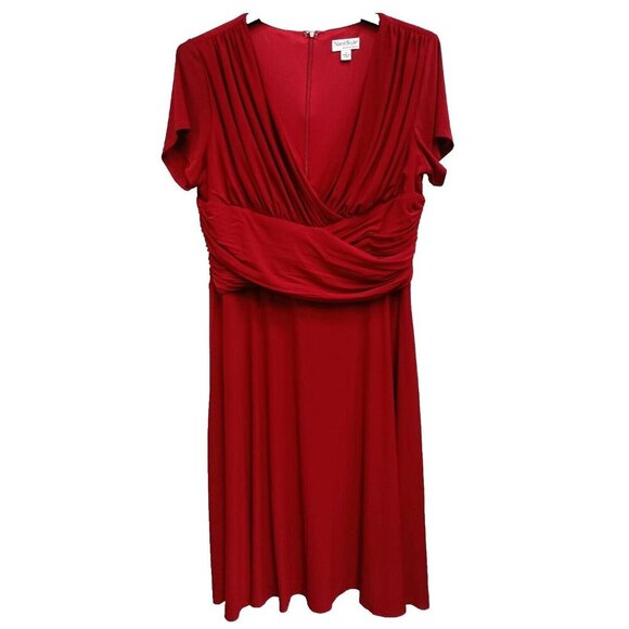 NorthStyle Womens A-Line Dress Size 18 Red Stretch Surplice Midi Short Sleeve - Picture 1 of 7